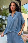 Lina Linen Blend French Tuck Blouse Washed Navy
